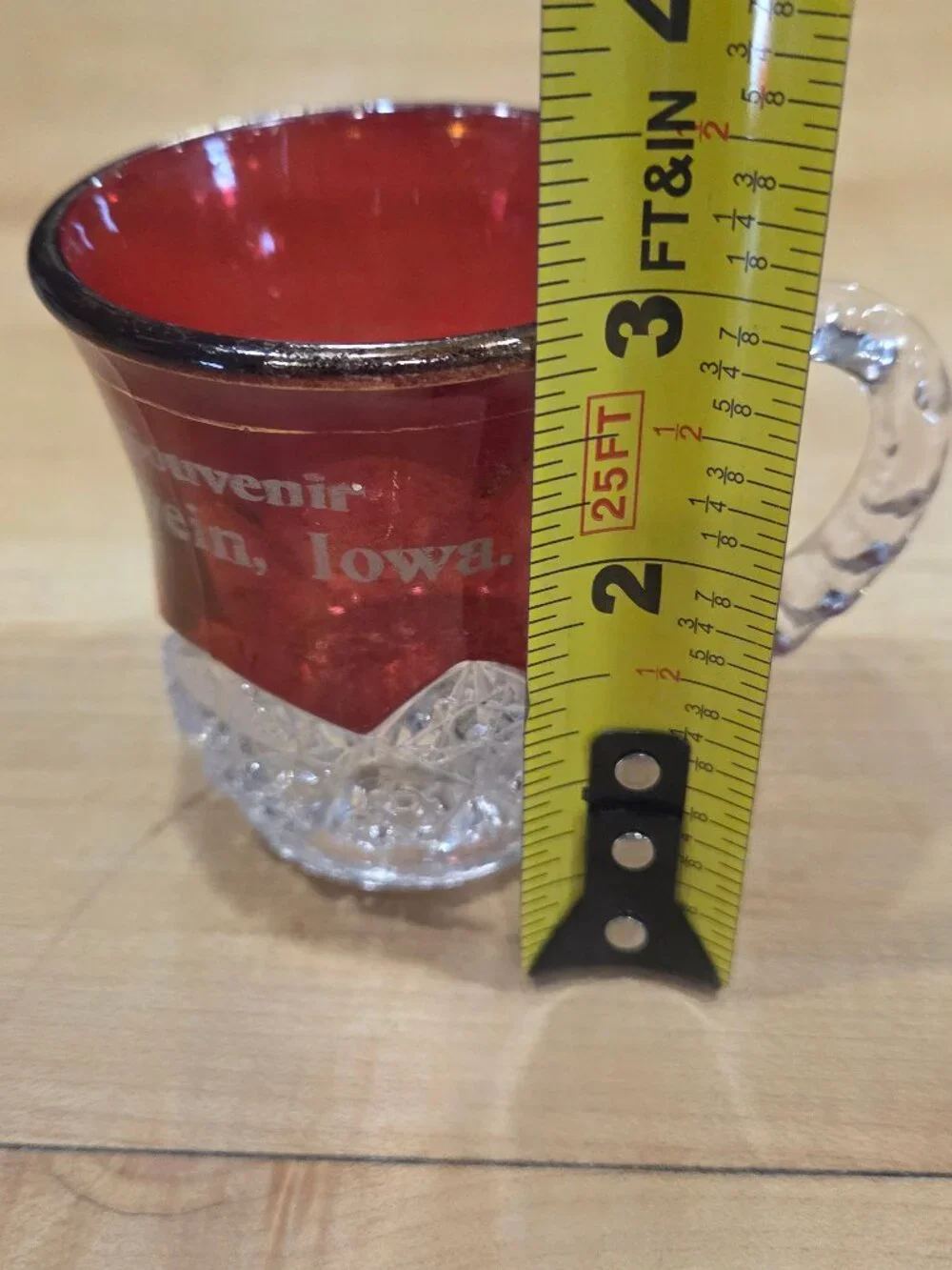 Antique EAPG Indiana Glass Ruby Stained Souvenir Mug Oelwein Iowa